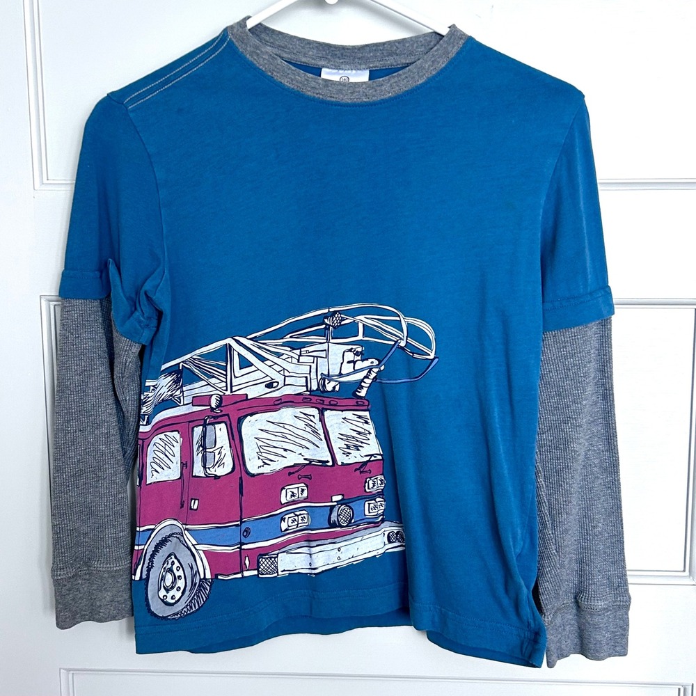 Hanna Andersson Kids Blue Fire Truck Layered Graphic Tee Shirt Size 140 10 Years